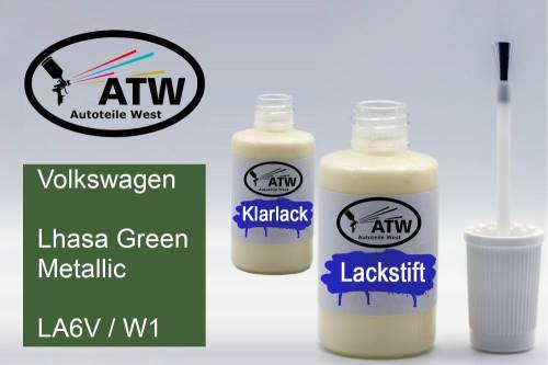 Volkswagen, Lhasa Green Metallic, LA6V / W1: 20ml Lackstift + 20ml Klarlack - Set, von ATW Autoteile West.